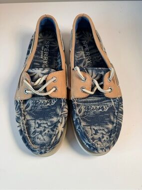 Sperry Navy Floral Canvas Boat Shoes with Tan Trim